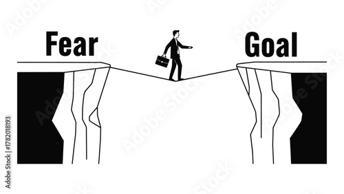 Conceptual vector illustration of a businessman walking a tightrope between fear and goal overcoming challenges isolated on white background