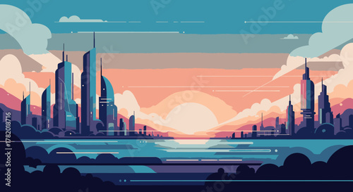 Stylized vector illustration of a futuristic city skyline at sunset over the water