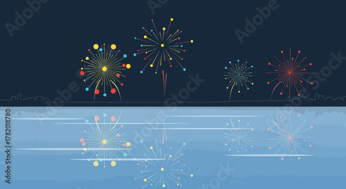 Colorful fireworks exploding over a calm body of water with reflections at night, celebrating an event.