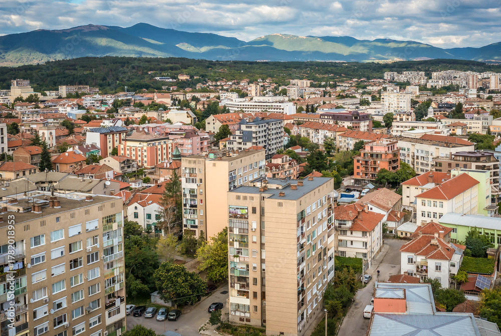 Fototapeta premium Aerial view of residential buildings in Kazanlak city, Bulgaria