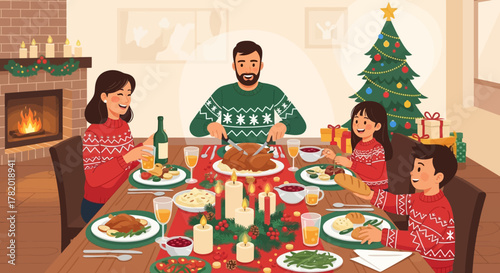 A happy family in matching festive sweaters celebrating Christmas with a traditional holiday dinner at home.