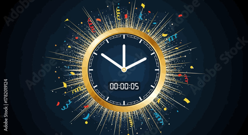 A golden clock with a digital countdown displays 5 seconds remaining amidst a burst of confetti and light rays.