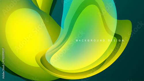 Abstract fluid shapes, vibrant yellow, green hues. Dynamic layers create modern background design. Smooth gradients, dark backdrop.