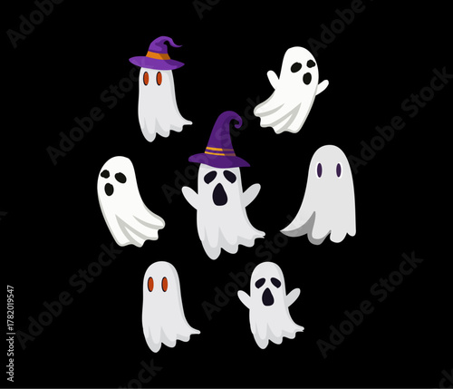Variety set of cute cartoon ghost characters in white with different facial expressions and poses some wearing witch hats for spooky halloween and fun paranormal themed digital designs
