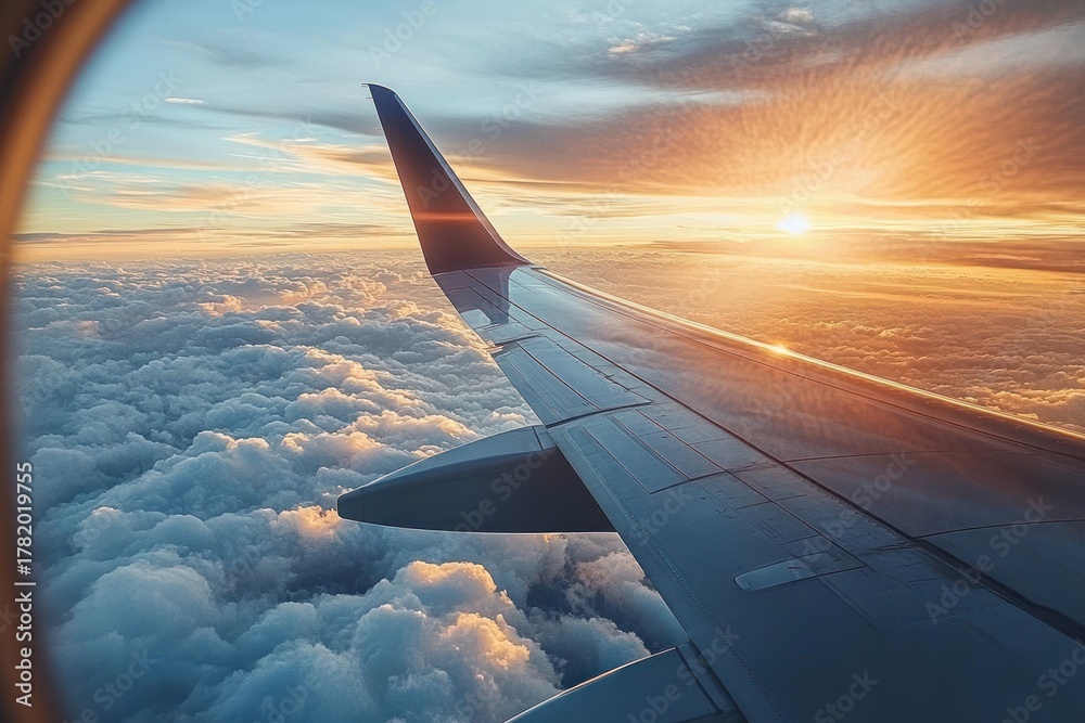 Obraz premium view from airplane window showing aircraft wing above fluffy clouds at sunrise or sunset with warm glowing sky