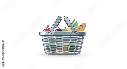 A shopping basket full of groceries, representing the act of purchasing food and household items