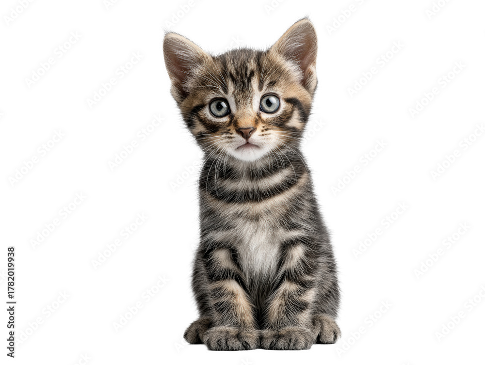 Obraz premium New born little cat isolated, young kitten facing forward, adorable kitten close-up portrait, isolated on a transparent background, professional pet photography