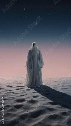 Person wearing Halloween ghost costume standing on the sand against gradient pink and blue sky.