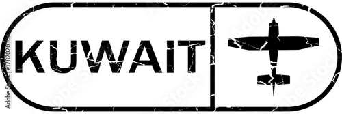 Grunge black kuwait word with plane icon square rubber seal stamp on white background