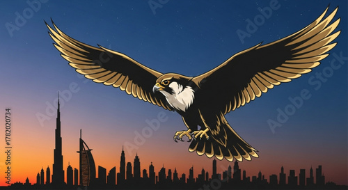 Majestic falcon soars over dubai skyline at sunset, embodying freedom, power, and the blend of nature and urban architecture