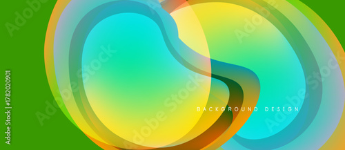 Abstract vibrant layers create flowing shapes. Green background complements colorful overlapping forms, modern design element.