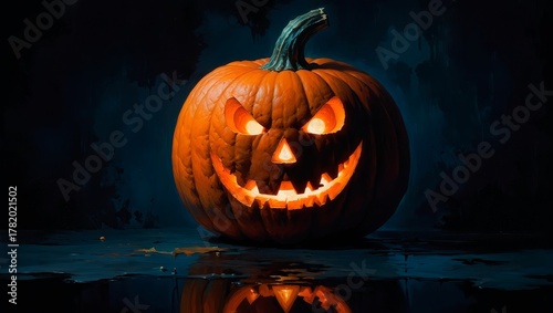 A carved halloween pumpkin with glowing eyes and eerie smile isolated on a dark grunge background. Dark scary Samhain Jack-o-Lantern spooky illustration.
