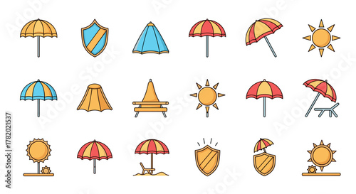 Collection of flat design icons representing sun protection and beach elements, including various parasols, sunshades, umbrellas, shields, and sun symbols, perfect for UI design, web, apps, and print