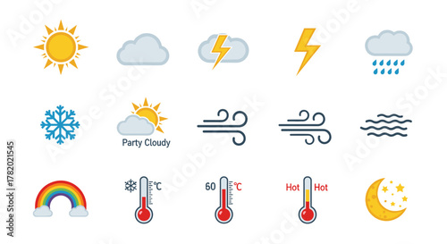 Vivid collection of weather-related line icons, including lightning, rain, snow, sun, clouds, wind, rainbow, thermometer, and moon with stars, perfect for graphic and web design, apps, adverts, and