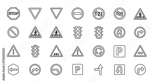 Collection of outline road signs and traffic signals, including stop signs, yield signs, pedestrian crossings, traffic lights, parking signs, and directional arrows, presented as a clean vector