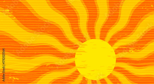 Retro groovy sun shines with bold orange and yellow burst in a wavy grungy style, this sunshine background has a strong Y2K influence with unique horizontal lines and a textured vintage feel, perfect