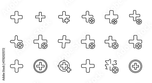 A collection of thin, editable stroke icons representing the plus or add symbol, perfect for websites, books, cards, and apps. This vector cartoon illustration features a white background and