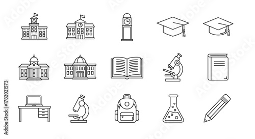 School and College Outline Icon Collection: A Versatile Set of Editable Stroke Vector Graphics Perfect for Infographics, Articles, Books, Flyers, and Banners. This Cartoon Illustration Series