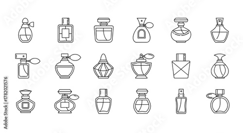Set of 15 outline icons representing various perfume bottles and atomizers, perfect for graphic design, advertising, and app development. This collection features diverse shapes and styles of