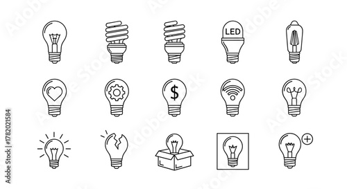 Set of light bulb line icons, representing various concepts like ideas, innovation, energy efficiency, love, finance, connectivity, and problem-solving, presented in a clean outline style suitable