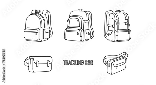 Collection of outline vector icons representing various bags, including school backpacks, hiking backpacks, and messenger bags, perfect for infographics, articles, books, flyers, and banners, with