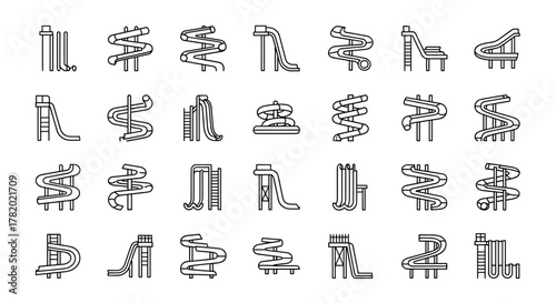Collection of simple linear outline vector illustrations of water slides, perfect for websites, books, cards, and apps, featuring various designs like straight slides, spiral slides, and tube slides
