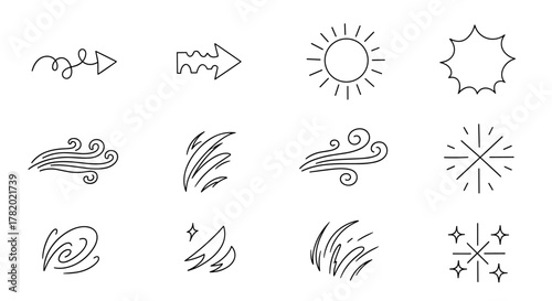 Collection of hand-drawn doodle line elements representing movement, emotion, and decoration, including arrows, wind swirls, sun, sparkles, and abstract expressive shapes, perfect for conveying