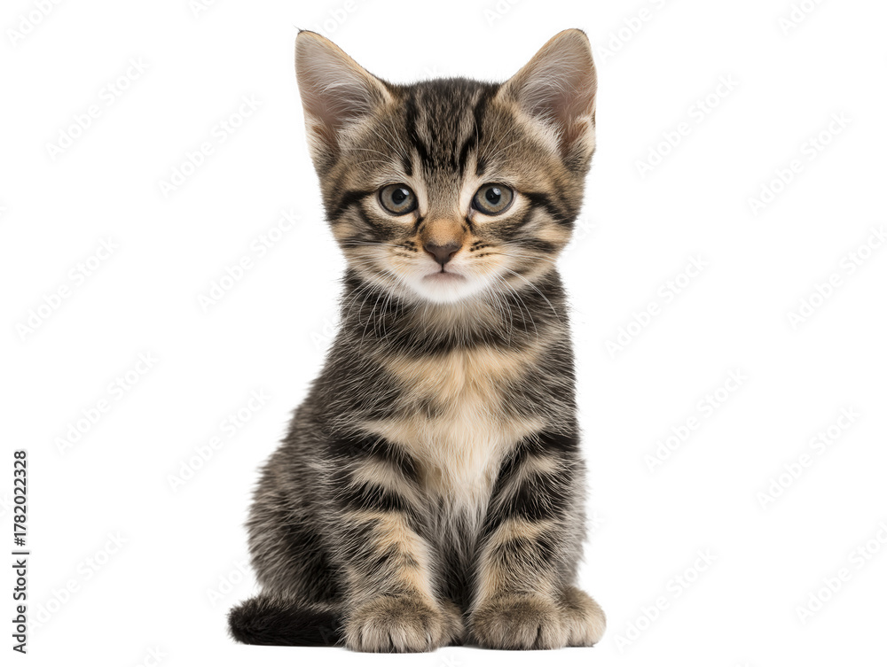 Obraz premium New born little cat isolated, young kitten facing forward, adorable kitten close-up portrait, isolated on a transparent background, professional pet photography