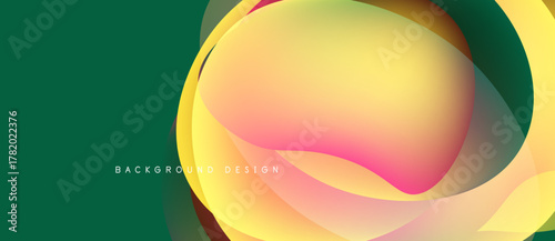 Abstract fluid shapes overlap, creating vibrant color gradients. Green background complements yellow, orange hues. Modern design element.
