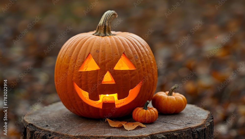 Fototapeta premium Smiling Jackolantern on a Wooden Stump with Smaller Pumpkins, Soft Autumnal Light.