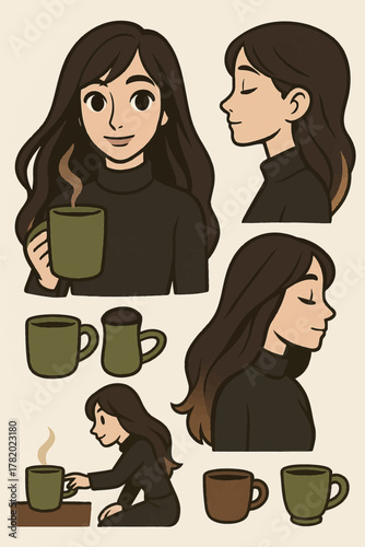 Woman with long brown hair enjoying a warm beverage in a cozy and comforting illustration style