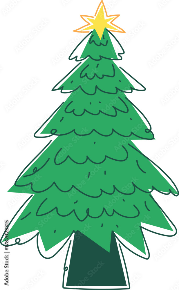 Obraz premium Cartoon Green Christmas Tree with Golden Star Festive Winter Holiday Decoration Hand Drawn Illustration Element