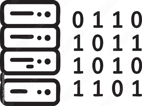 Data storage servers with binary code representing digital information