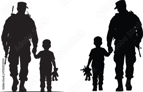 Soldier Holding Child’s Hand Silhouette – Military Dad and Kid Walking with Toy Vector Illustration