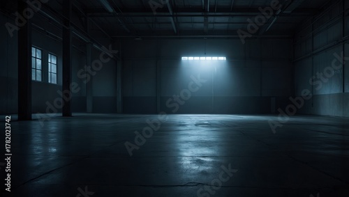 Empty dark hangar hall room interior with sunlit windows and long shadows.	