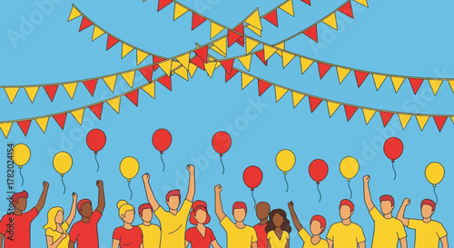 Celebratory event crowd with raised arms balloons and pennant banner, a lively gathering of people