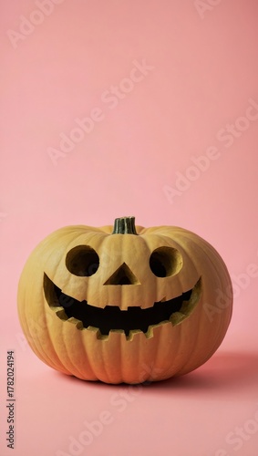 Smiling funny Halloween Jack-o-Lantern carved pumpkin isolated on pastel pink background.