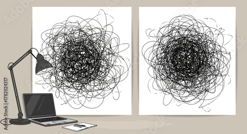 Conceptual Illustration of Tangled Thoughts and Problem Solving Process at the Desk