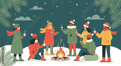 Cozy winter gathering friends around campfire enjoying warm drinks in nature scene
