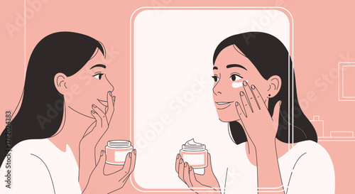 Daily skincare routine: A woman applies face cream in front of a mirror for healthy skin routine