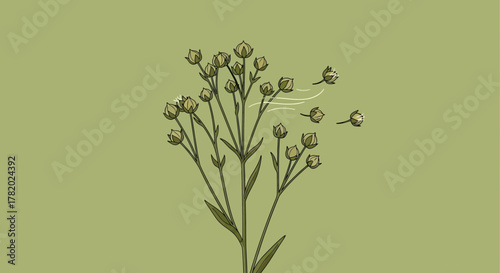 Delicate flax flowers in wind with minimalist design and pastel green background evoking serenity