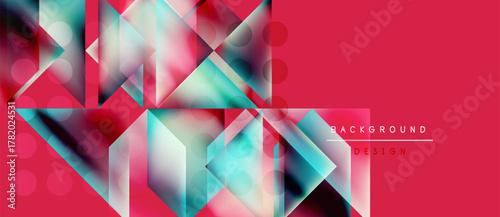 Abstract geometric composition. Vibrant colors, triangles, circles create modern design. Pink dominates right side, blue left.