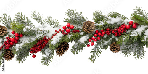 Snow-covered fir garland with red berries and pine cones on white background. Perfect for winter and Christmas holiday themes.
