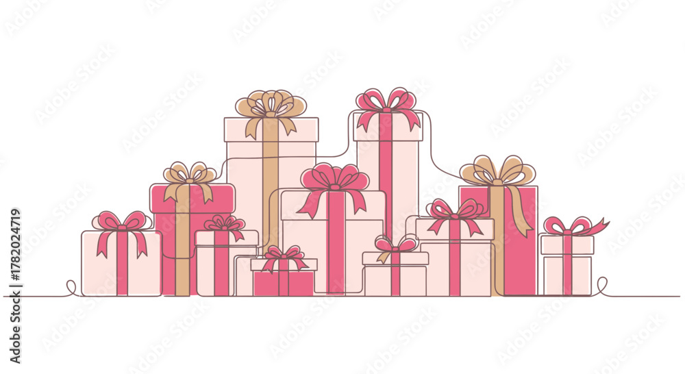 Fototapeta premium Elegant line drawing displaying an array of gift boxes tied with decorative ribbons illustration