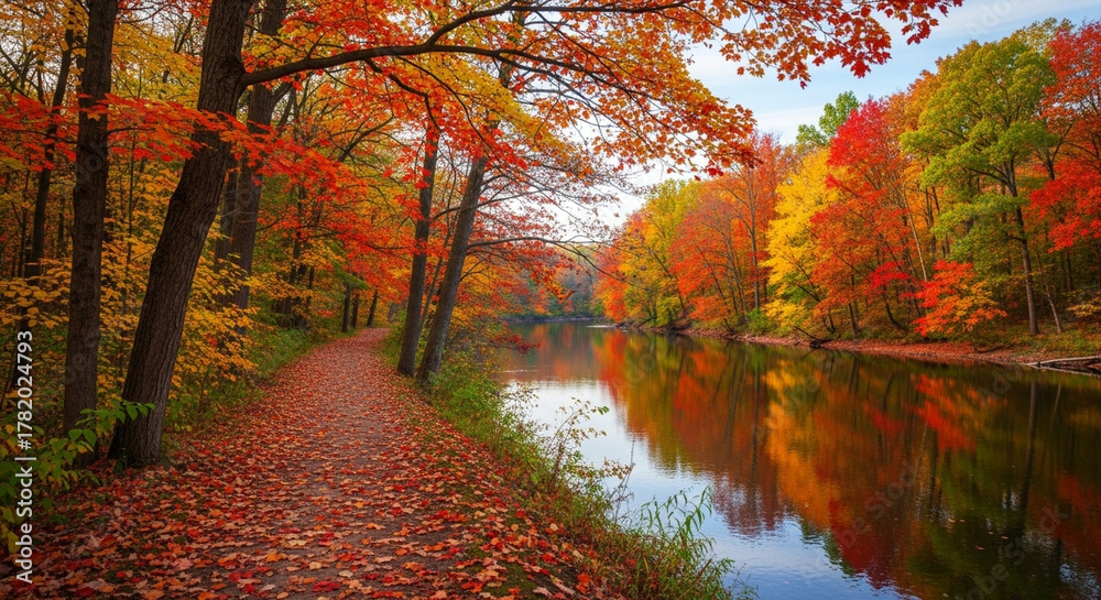 Naklejka premium Vibrant Autumn Foliage Along a Serene River Pathway.