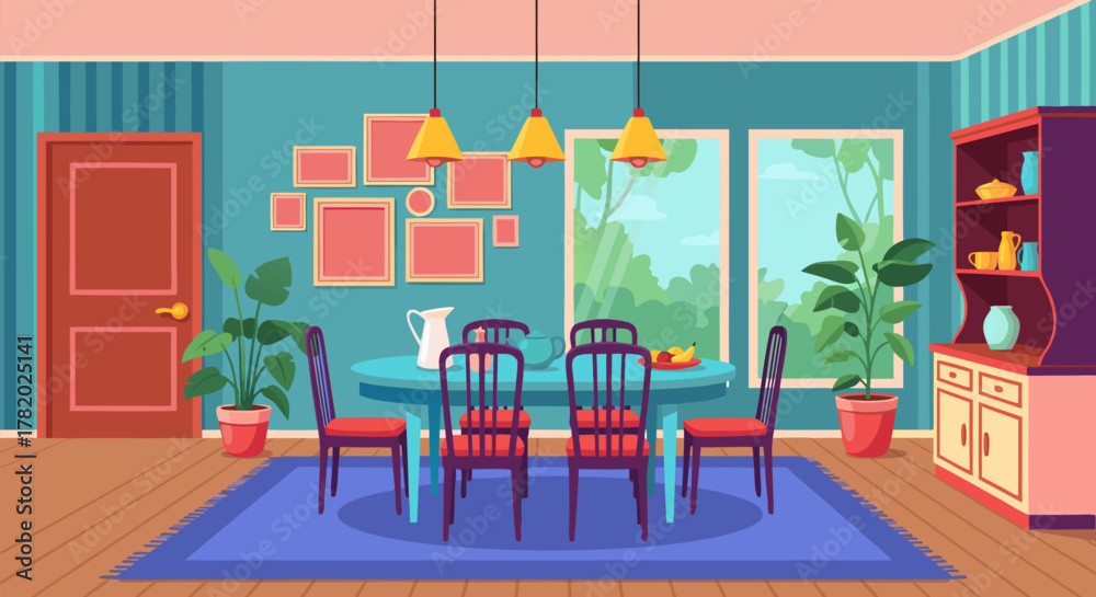 Fototapeta premium Cozy Dining Room Interior Design with Table, Chairs, and Decorative Elements for Home Decor