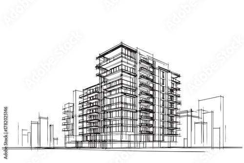High rise building sketch. Line art