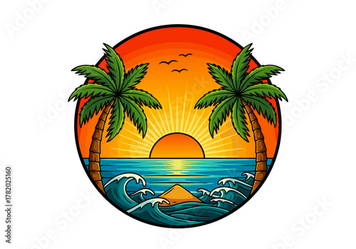 Tropical Beach Sunset With Palm Trees and Ocean Waves