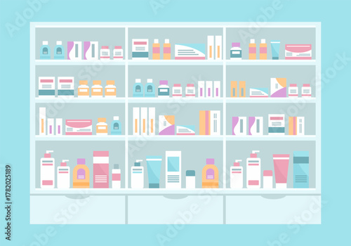 Pharmacy shelf with medicines. Drug store concept. Vector cartoon flat illustration.
