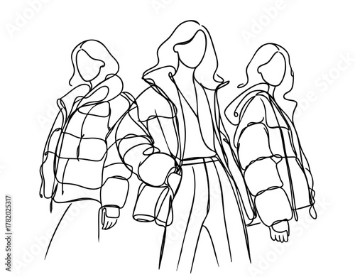 Abstract sketch fashion models in down jacket, winter illustration